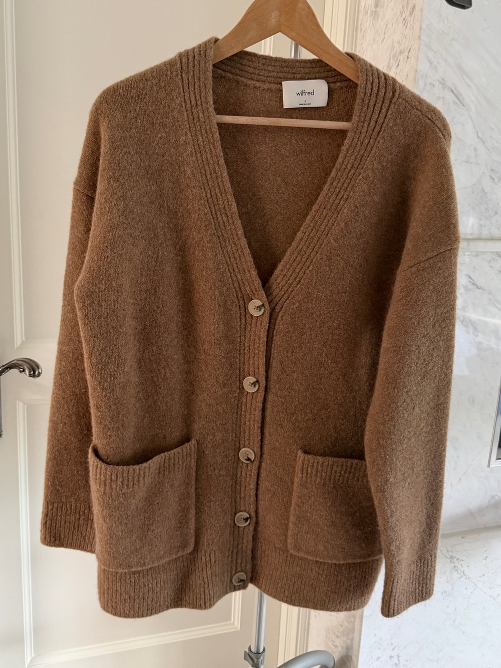 Aritzia Wilfred Caramel Brown Button Front Wool Cardigan Sweater